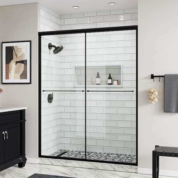 56 in. - 60 in. W x 76 in. H Double Sliding Semi-Frameless Shower Door in Matte Black w/ 5/16 in. (8 mm) Cleancoat Glass