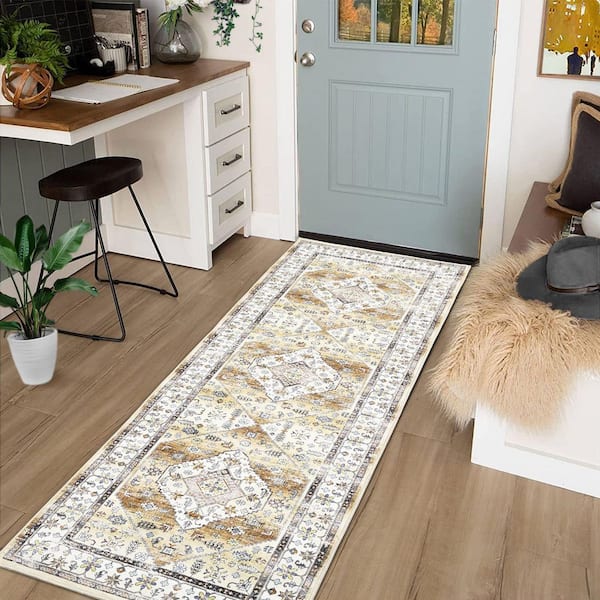 Retro Carpet Yellow 2X6ft Machine Washable Printed Time-delay Short Pile Non-slip Rug Soft Foldable Indoor Rug