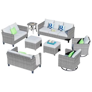New Star Gray 8-Piece Wicker Patio Conversation Seating Set with Gray Cushions and Swivel Chairs