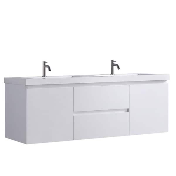 59.09 in. W x 19.7 in. D x 21.65 in. H Double Sink Floating Bath Vanity in White with White Ceramic Top