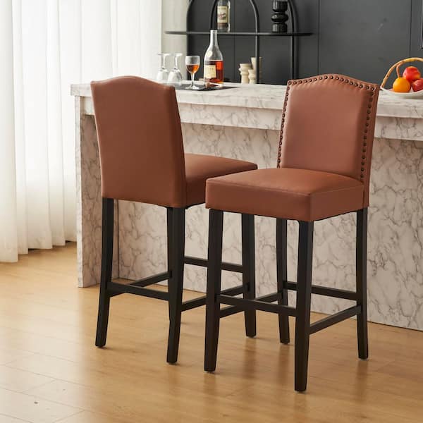 CHRISTOPHER KNIGHT HOME Destiny Brown Modern Faux Leather Upholstered Bar Stools with Backrest, Solid Wood Legs (Set of 2)