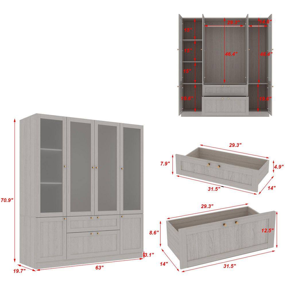 Light Oak Wood 63 in. Bedroom Armoire with Frosted Glass Doors, Double Hanging Rods and 2-Large Storage Drawers - thumbnail 9