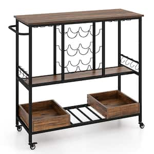 Rustic Brown 3-Shelf Wood 40 in. W 3 Tiers Baker's Racks Bar Cart on Wheels with Glass Racks