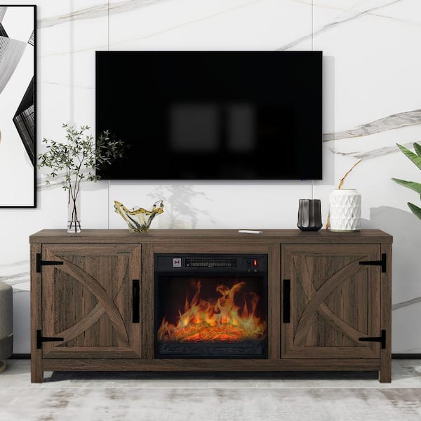 58 in. Farmhouse Electric Fireplace TV Stand for 65 in. TV, Freestanding Media Console Center, Dark Brown