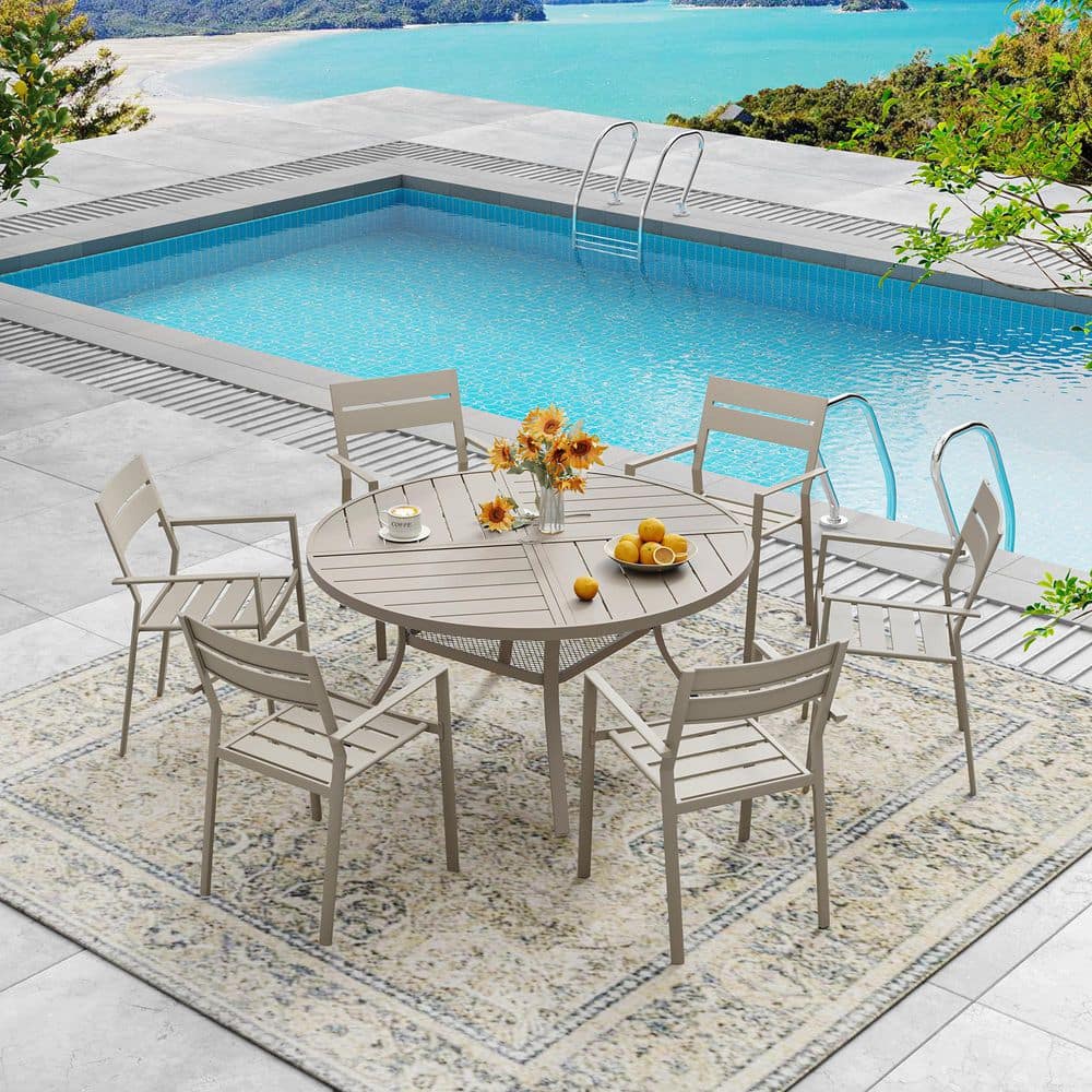 7-Piece Metal Outdoor Patio Dining Set with 47.2 in. Sandshell Round Slatted Table and 6 Sandshell Stackable Chairs price history on PriceWatchPro