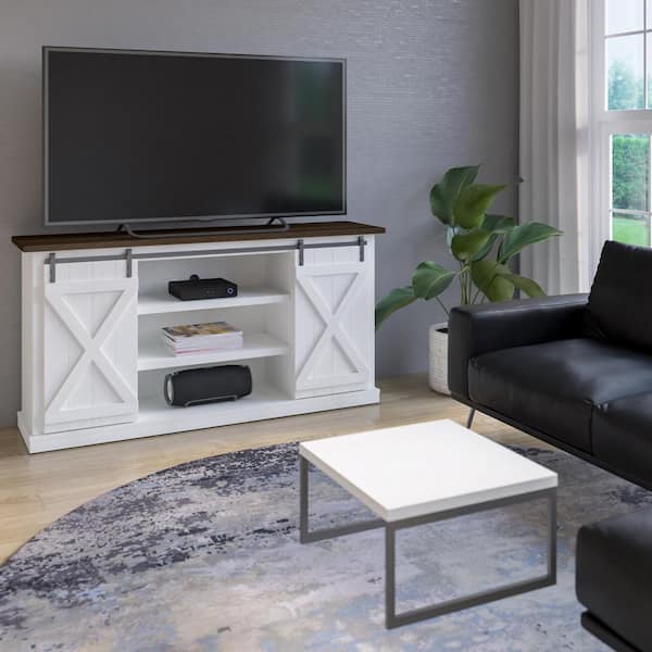 Twin Star Home 63.38 in. White TV Stand Fits TVs up to 70 in. with Sliding Barn Doors