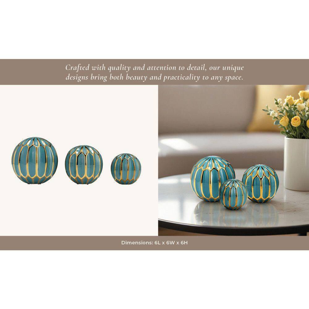 Set of 3 Turquoise and Gold Ceramic Decorative Orbs