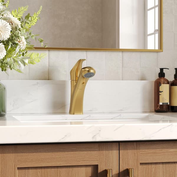 2-Spray Single-Handle Single-Hole Pull Out Sprayer Bathroom Sink Faucet with Drain Included in Brushed Gold 2-Pack