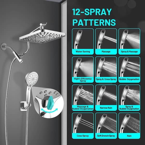 Rainfull 2-in-1 12-Spray Patterns with 2.5 GPM 10 in. Wall Mount Dual Shower Head and Handheld Shower Head in Chrome