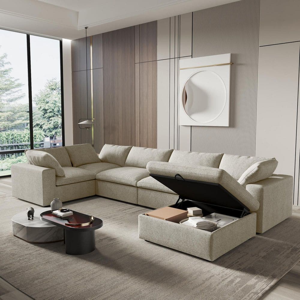 157.32 in. Square Arm 6-piece Linen Down Sectional Sofa with Storage in. Brown