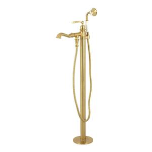 Traditional Single-Handle Floor Mount Roman Bath Filler with Hand Shower in Brushed Brass