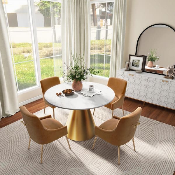 Boyel Living 5-Piece White Marble Counter Top Dining Table Set Seats 4(1 Table x 4 Yellow Chairs)