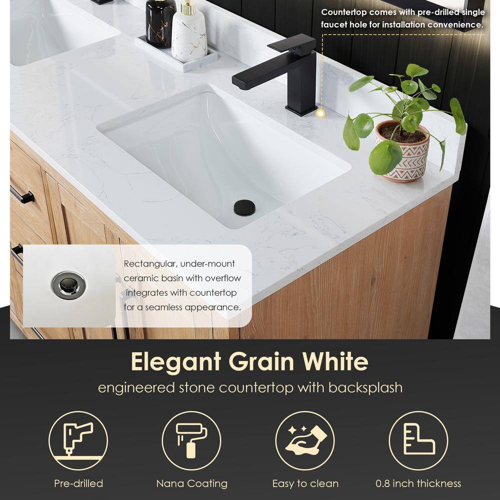 Cicero 60" Light Brown Fir Wood Vanity with White Stone Top and Mirror