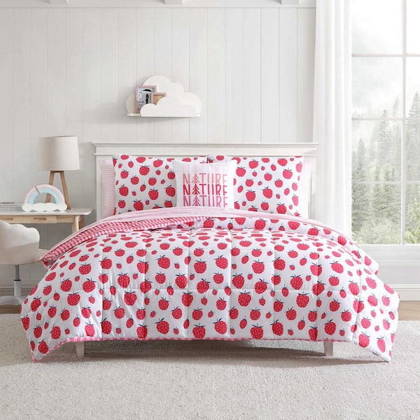 Strawberry Field 3-Piece White/Pink/Green Microfiber Twin Comforter Bonus Set