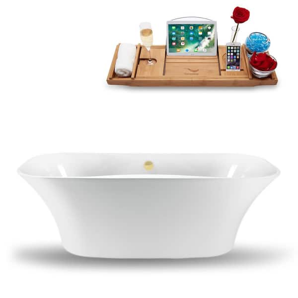 Streamline 59 in. x 28 in. Acrylic Freestanding Soaking Bathtub in Glossy White with Polished Brass Drain
