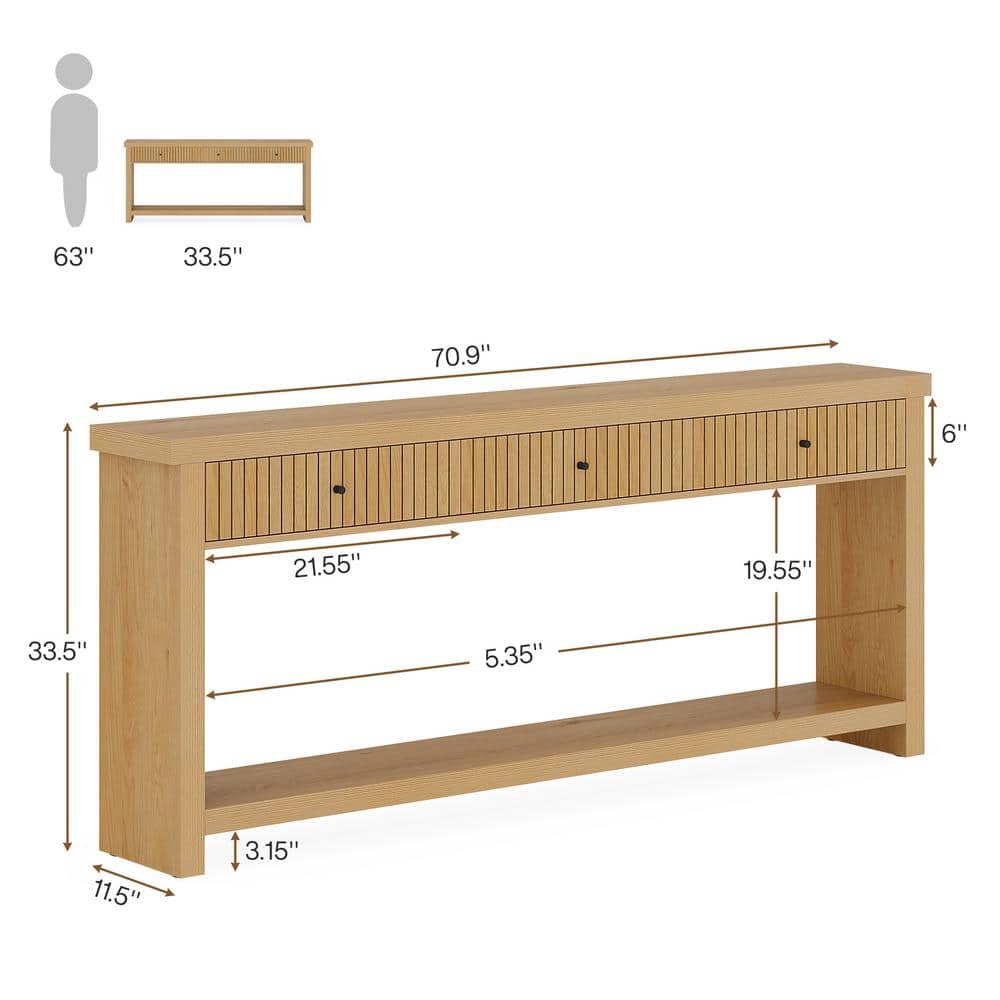 Oak Light Brown 70.9" Console Table with Drawers and Shelves