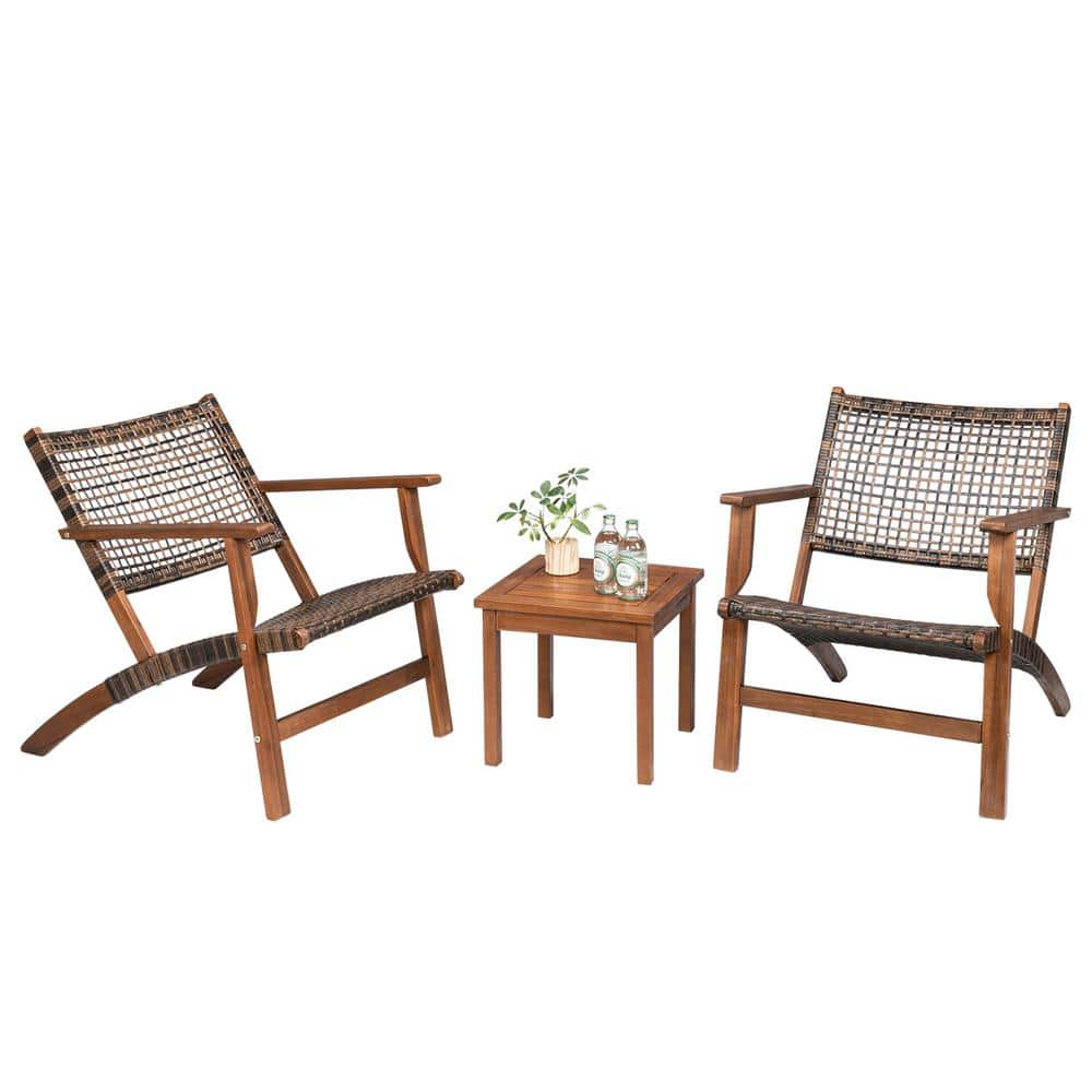 VINGLI Acacia Wood Brown 3-Piece Wicker Square Table Outdoor Bistro Set ...