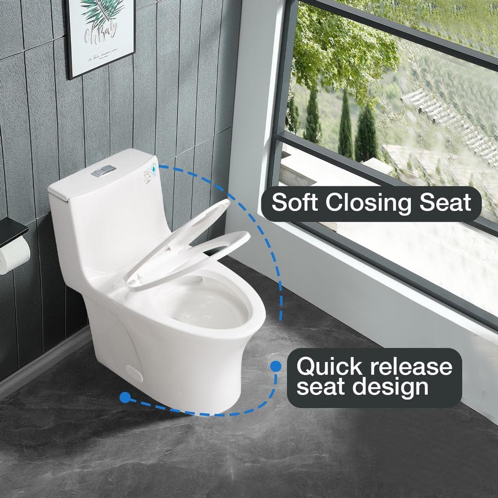 Glossy White Elongated Dual Flush One-Piece Toilet