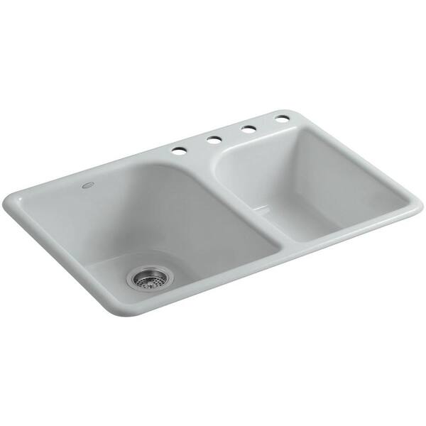 KOHLER Executive Chef Drop-In Cast-Iron 33 in. 4-Hole Double Bowl Kitchen Sink in Ice Grey