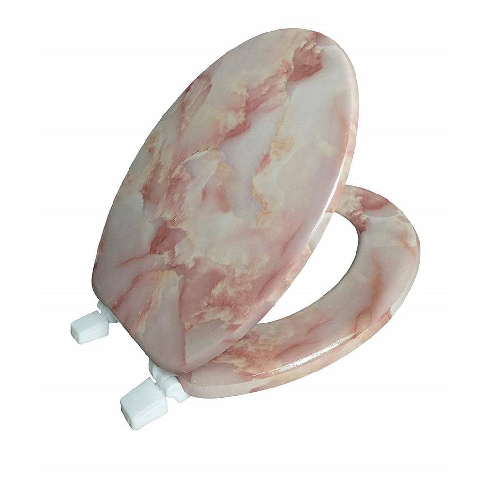 Pink Marble Print Round Wooden Toilet Seat with Metal Hinges