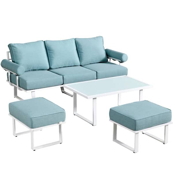 HOOOWOOO Teton Grand White 4-Piece Aluminum Outdoor Patio Conversation Sofa Set with Lake Blue Cushions