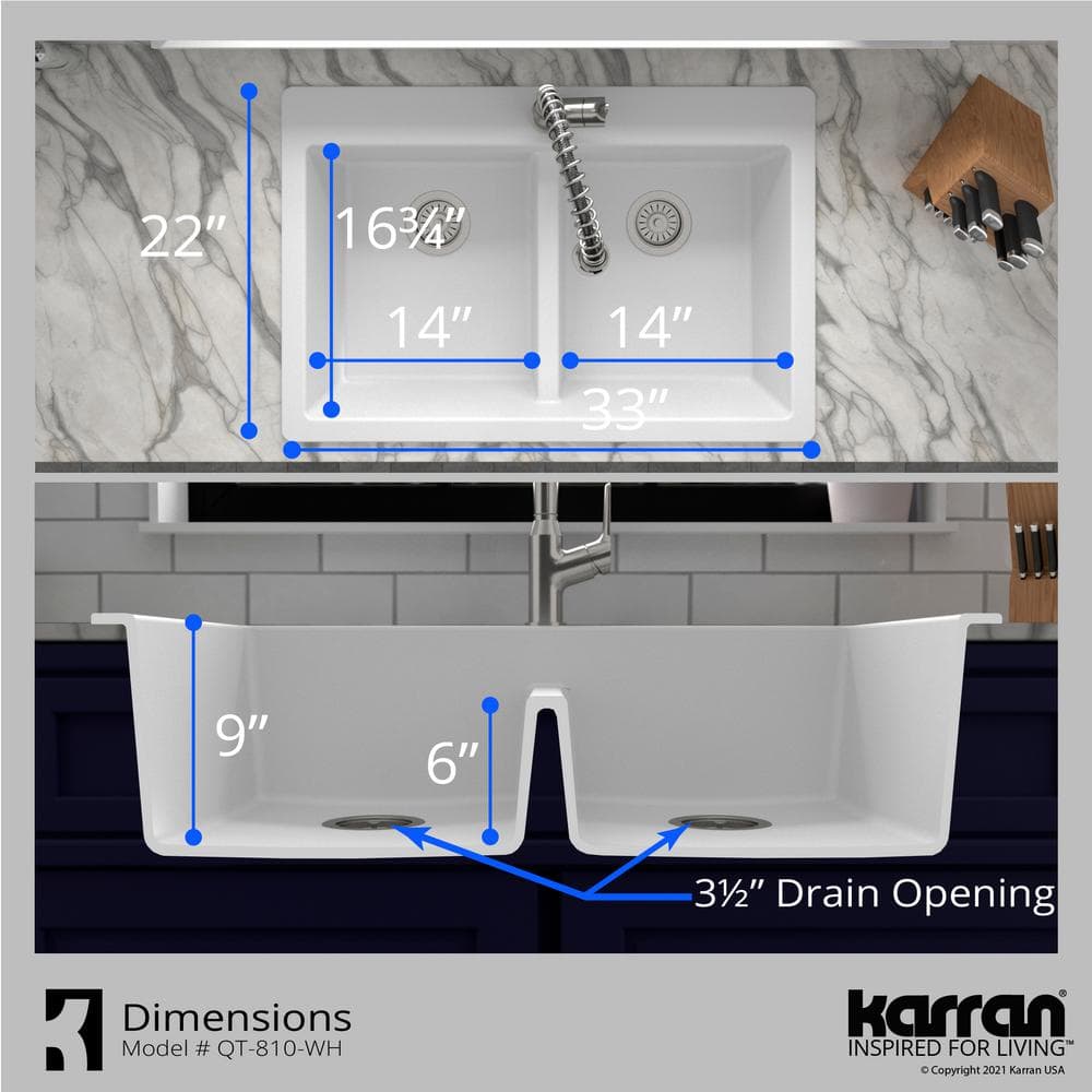 White Quartz 33'' Double Bowl Drop-In Kitchen Sink