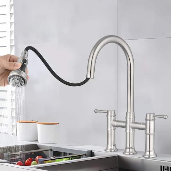 Double-Handle 360-Degree Swivel Spout Bridge Kitchen Faucet with Pull-Down Spray Head and 3 Modes in Brushed Nickel