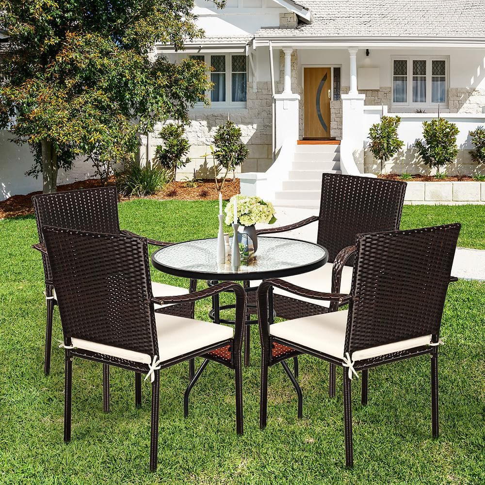 Set of 4 Brown Rattan Outdoor Dining Chairs with White Cushions