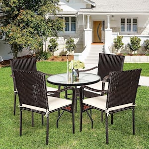 Cushioned Wicker Outdoor Dining Chair Stackable with CushionGuard Beige Cushions Armrest Garden (4-Pack)