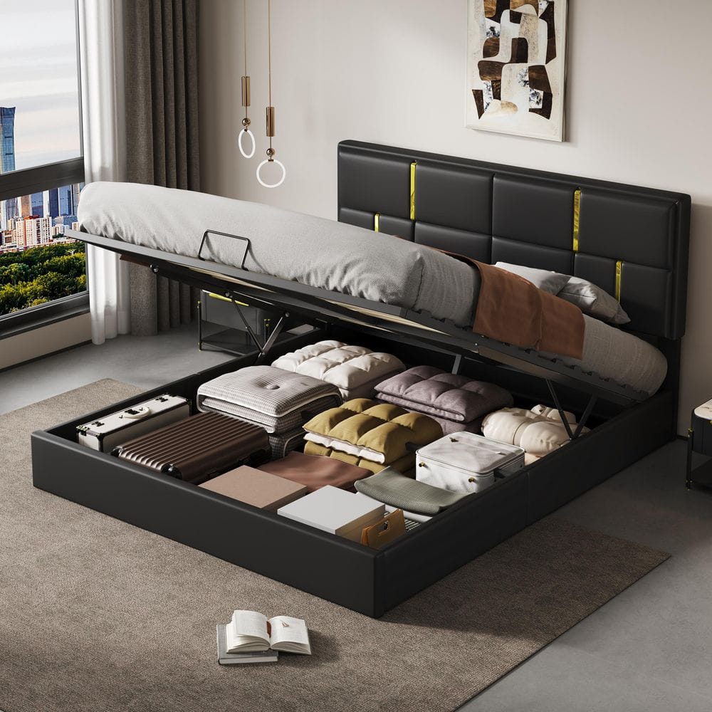 Black Wood Frame Queen Size PU Upholstered Platform Bed with Hydraulic Storage System and Gold Decoration Headboard price history on PriceWatchPro