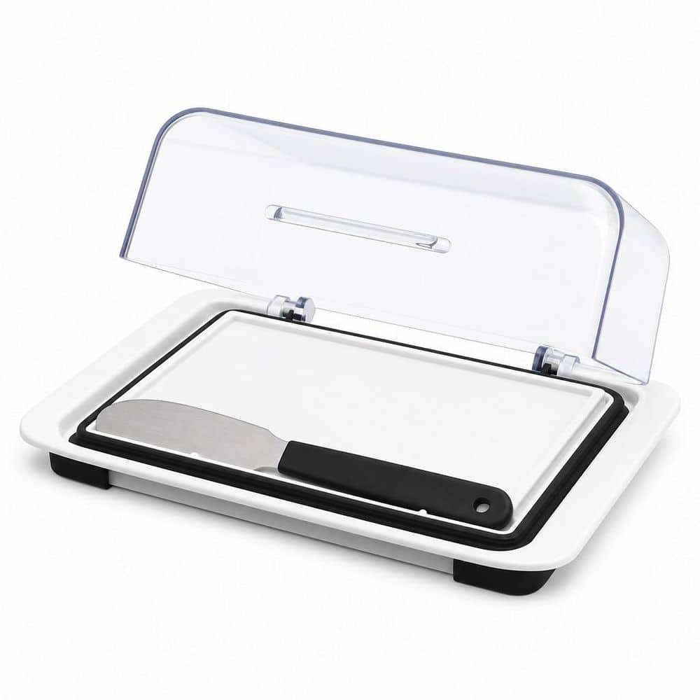 8 oz. White Plastic Airtight Flip-Top Butter Dish with Knife Spreader for Countertop and Refrigerator (Set of 1)