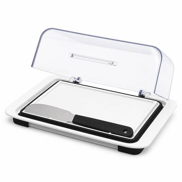 8 oz. White Plastic Airtight Flip-Top Butter Dish with Knife Spreader for Countertop and Refrigerator (Set of 1)