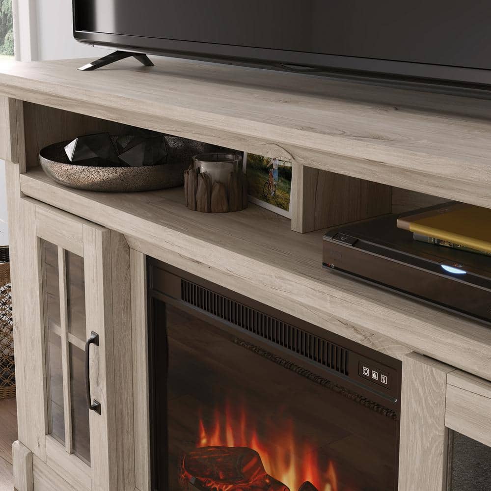 Chalk Oak 60" Fireplace TV Credenza with Glass Doors
