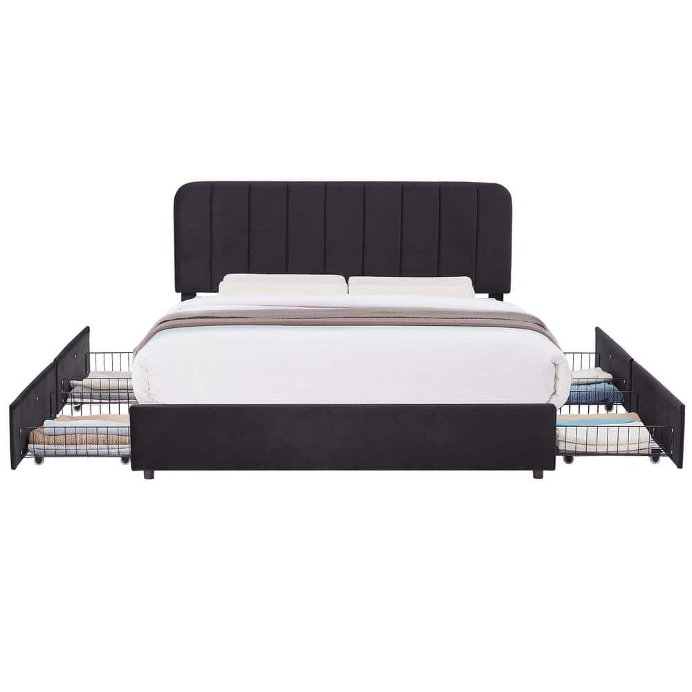 VECELO Upholstered Bed Black Metal Frame Queen Size Platform Bed With 4 ...