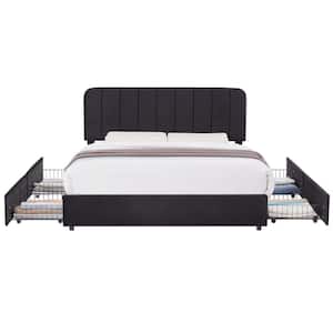 Upholstered Bed Black Metal Frame Queen Size Platform Bed with 4-Storage Drawers and Headboard, Wooden Slats Support