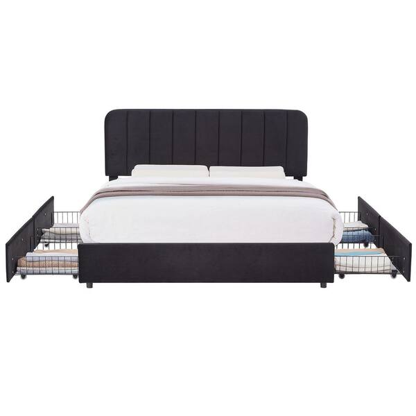 VECELO Upholstered Bed Black Metal Frame Queen Size Platform Bed with 4-Storage Drawers and Headboard, Wooden Slats Support