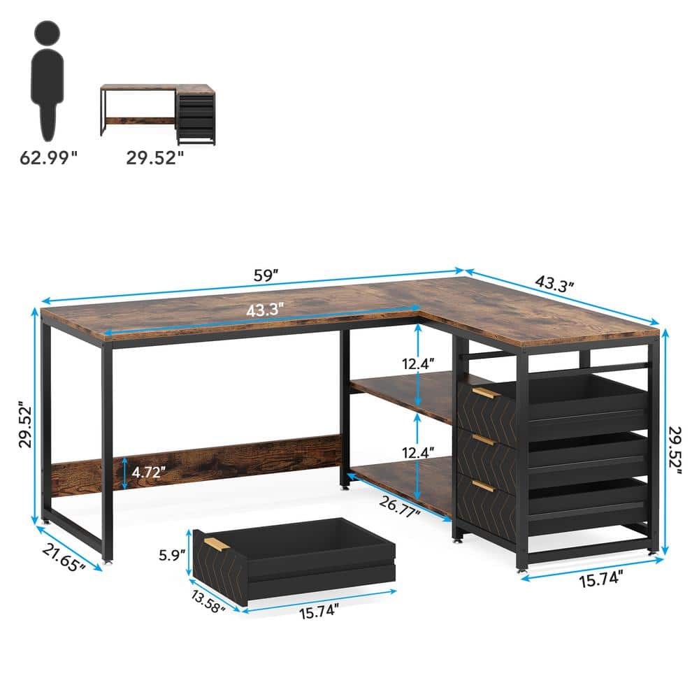 Brown L-Shaped Computer Desk with Drawers and Shelves