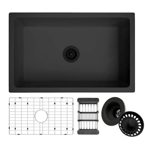 30 in. Dual Mount Single Bowl Matte Black Granite Composite Quartz Stone Kitchen Sink with Accessories