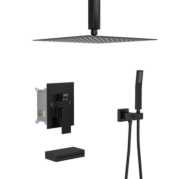 3-Spray 12 in. Ceiling Mount Dual Rainfall Shower Head and Handheld Shower Head in Black with Tub Filler