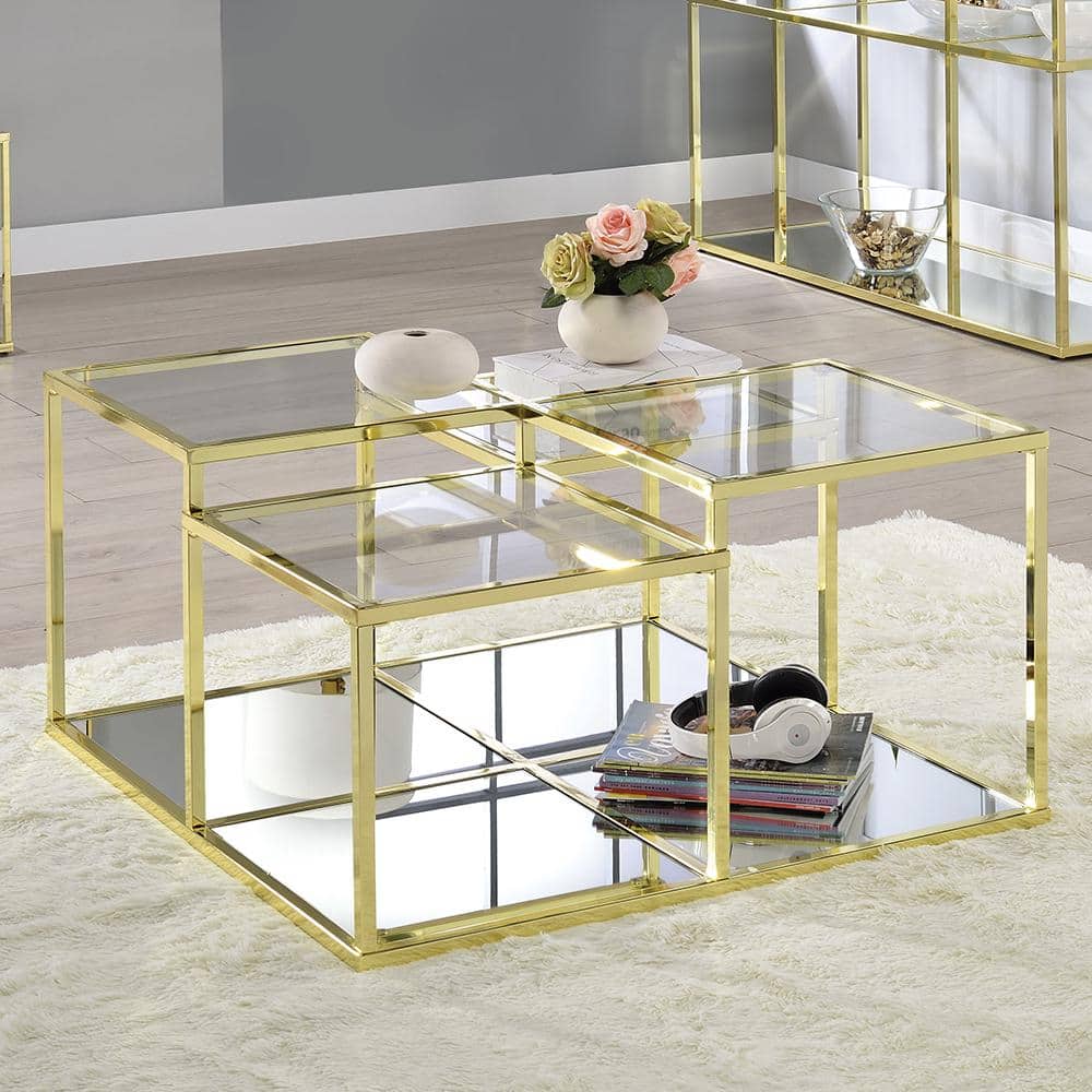34" Clear Glass and Gold Square Coffee Table