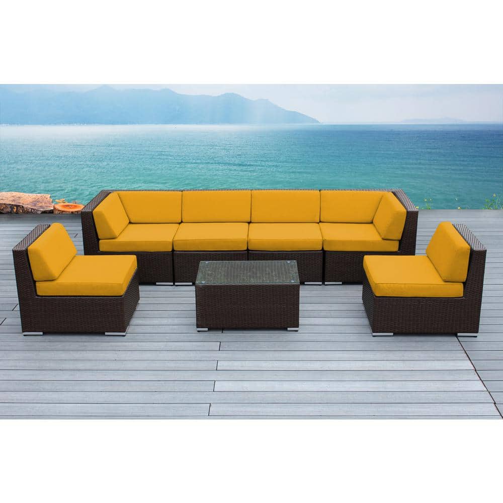 Ohana Dark Brown 7-Piece Wicker Patio Seating Set with Sunbrella Sunflower Yellow Cushions price history on PriceWatchPro