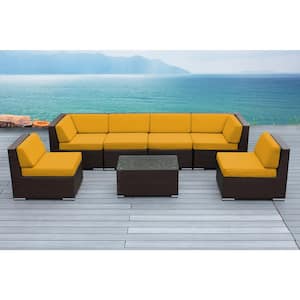 Ohana Dark Brown 7-Piece Wicker Patio Seating Set with Sunbrella Sunflower Yellow Cushions