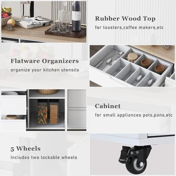 Aoibox White Kitchen Cart with Rubber Wood Desktop Rolling Mobile Kitchen Island with Storage and 5-Draws 53 in. Width