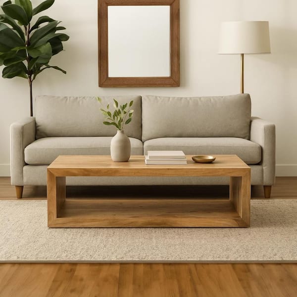 THE URBAN PORT Keli 58 in. Natural Brown Rectangle Mango Wood Coffee Table with Open Cube and 1-Shelf