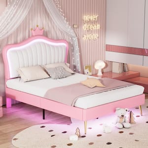 Pink Wood Frame Full Size PU Leather Upholstered Platform Bed with Princess Crown Headboard, LED Lights, Metal Legs