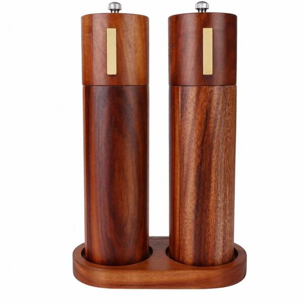 Acacia Wood Salt and Pepper Grinder Set of 2 with Tray 8 Inch Manual Mill Adjustable Ceramic Grinding