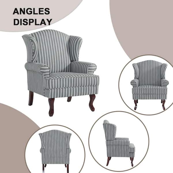 Uixe Stripe Gray Linen Wood Legs Upholstered Accent Arm Chair with