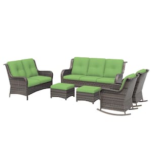 Brown 6-Piece Wicker Outdoor Patio Conversation Set with Green Cushions and Rocking Chairs