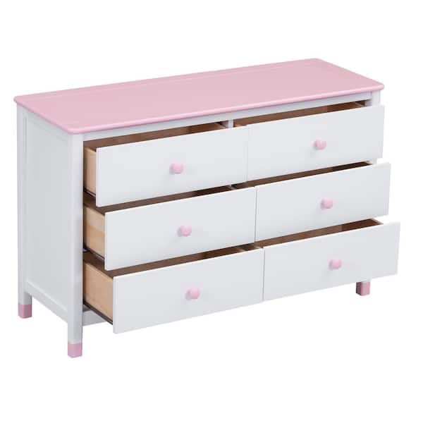 Modern Wood 6-Drawers White/Pink Dresser Storage Cabinet for Kids