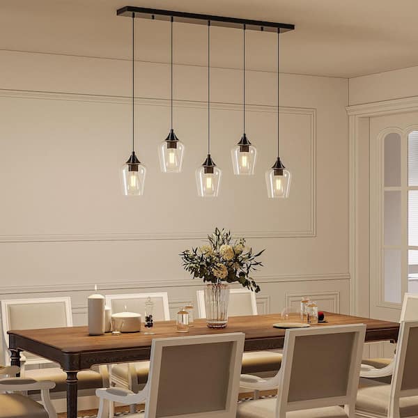 60-Watt 5 Light Matte Black Cluster Pendant Light for Kitchen Island with Clear Glass Shade and 10"-55" Height